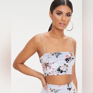 NWT Prettylittlething Grey Floral Velvet Strappy Crop Top 0 (UK 4)